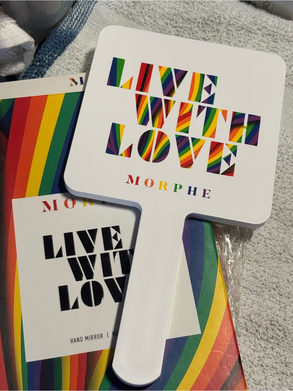 Morphe White Hand Mirror with Rainbow 'Live With Love' Text